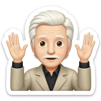 legendary film director with white hair, raising both hands dramatically, expressive face sticker