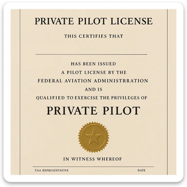 formal private pilot license design with a gold seal and official typography sticker