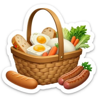 basket with groceries: milk, bread, sausage, eggs, potatoes, carrots, onions, cabbage sticker