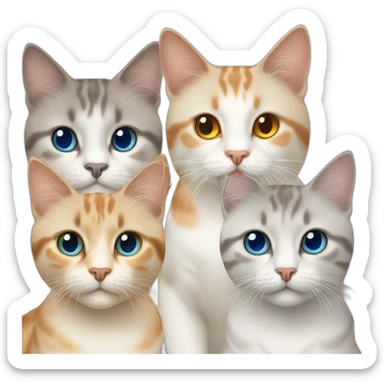 three cats sitting together, 1 lynx point cat with blue eyes, one orange and white tabby with yellow eyes, one orange with orange eyes sticker