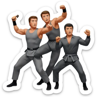 Icon for Action Movies: Collage of photorealistic actors Arnold Schwarzenegger and Sylvester Stallone in iconic action poses, surrounded by explosions, weapons, and martial arts moves. The design should capture the high-energy, dynamic nature of their films. Transparent background. sticker