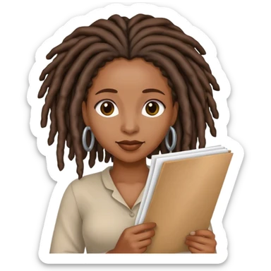 Black woman with locs holding a list sticker