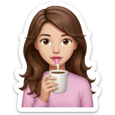 girl with wavy long brown hair, brown eyes, light to medium complexion, long lashes, light pink lipstick, wearing light pink shirt, sipping coffee sticker