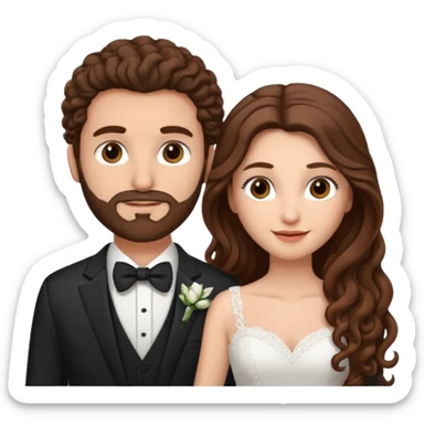 wedding couple woman with long straight brown hair and eyes man with long brown curly hair and facial hair sticker