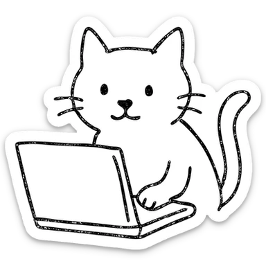 hand-drawn outlined icon of a cat using a laptop sticker