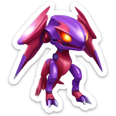 a shiny purple-red Genesect-Raptor-Fakémon—hybrid with a futuristic visor-helmet full body sticker