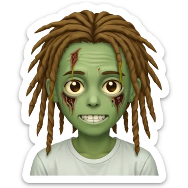 zombie teen with brown dreads covering forehead white tee golden eyes light green skin  and white smile sticker