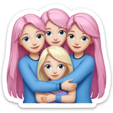 four white grips hugging and smiling    2 girls with brown eyes and long dark brown hair. One girl with long light pink hair and blue eyes, one girl with blue eyes and light blonde hair sticker