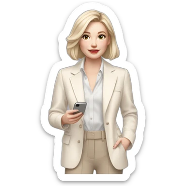pale skin woman with ash blonde Straightened bob Hair, White Spacious classical jacket, beige palazzo Arrow pants and gray blouse holding white IPhone 14 pro in the hands sticker