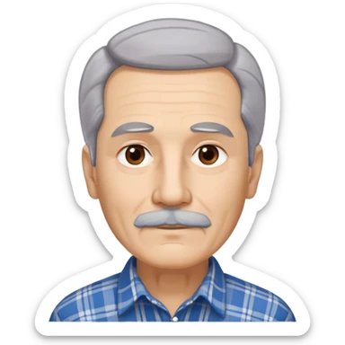 Senior Hispanic man with light complexion. Elongated face with wise expression. Relaxed brown eyes with gentle gaze. Thin eyebrows. White mustache connected to chin beard. Gray-white straight hair swept back. Wearing a beige and blue plaid long-sleeved shirt. sticker