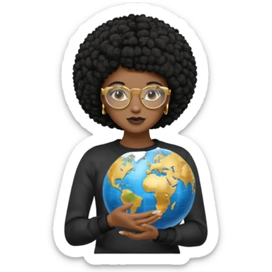 a young woman wearing gold round glasses and black afro hair, she has light black skin, she's wearing a professional sweater and she's holding a globe in her hand sticker