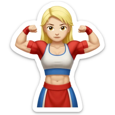slavic girl, medium size yellow hair, flexing muscles, full body, muscled, with traditional slavic outfit sticker