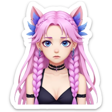 Gorgeous anime lady long-pale-pastel-pink-hair with one braid on each side, grumpy expression, purple-pink feather-ear-cuffs in hair, black bodysuit, blue eyes, pink iris, ethereal, fashion aesthetic, colorful sticker