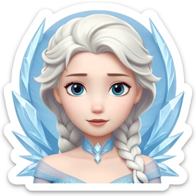 Cinematic Timeless Snow Queen Portrait Emoji, rendered in a clean, vector style. Depict Elsa with icy pale skin, intricately styled platinum hair, and a serene, regal expression, dressed in a minimalist ice-blue gown. The design features bold, simplified shapes, a soft, drowsy crystalline glow, and a subtle glowing outline, capturing the essence of timeless, majestic winter beauty. sticker