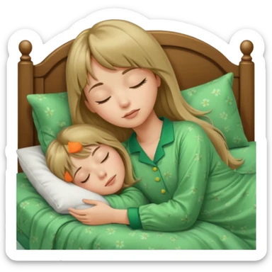 Young woman with long dark blond hair and a bang sleeping in bed  with green pyjama sticker