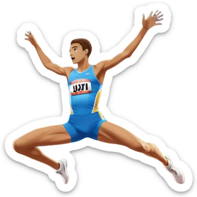 An icon showing a high jumper in mid-air, soaring over a bar in a track and field event. The background features a stadium with cheering fans, bright lights, and a clear blue sky. The athlete’s form captures the grace and power of the jump. Transparent background highlights the dynamic moment sticker