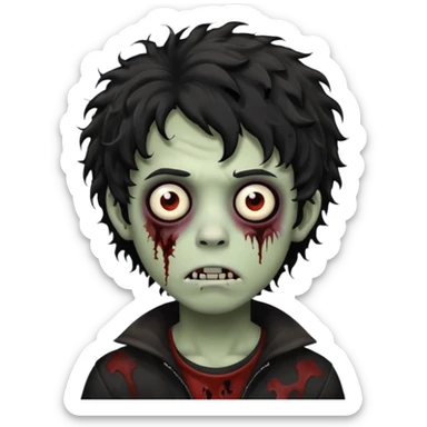 Boy, zombie, black and curly hair, medium long, emo, shaggy, dark, spooky, creepy expression sticker