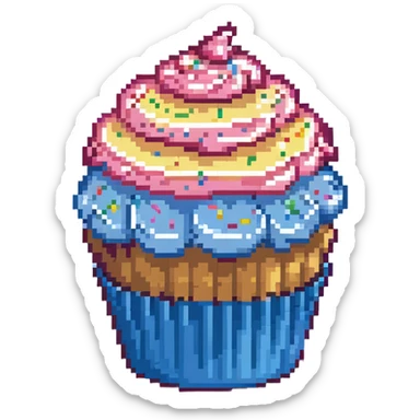 large cupcake with pink frosting, rainbow sprinkles, blue cupcake wrapper, pixel art style sticker