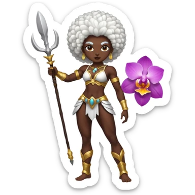 full body dark skin woman white hair afro muscular build orchid warrior spirit sticker