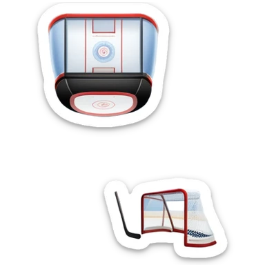 An icon showing a hockey stick, puck, skates, and goalposts on the ice. The background features a large hockey stadium with cheering fans, bright lights, and a snowy landscape visible through the arena. Transparent background highlights the main hockey equipment and atmosphere. sticker
