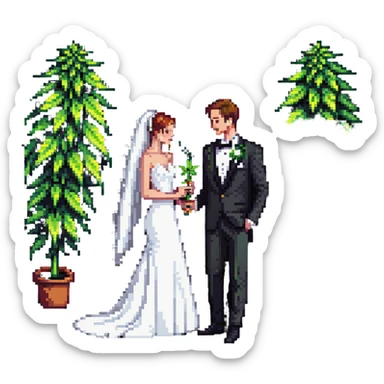 A bride in white wedding dress and groom in tuxedo, full body, sharing cannabis, wedding couple sticker