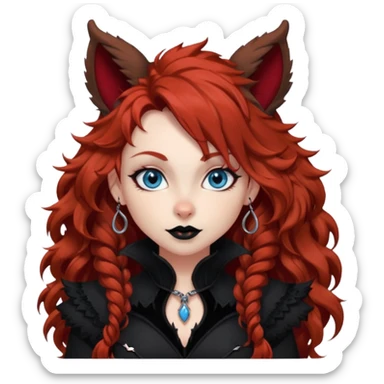  long curly red hair (darker), red pointed ears with black trim, black goth outfits, body and face human, blue eyes, more pointy chin, black lipstick, big fluffy red squirrel tail with black tips, like the attached photo with more outfits and poses,  sticker