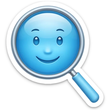A 3D emoji-style magnifying glass, smooth rounded shapes, soft gradient blue ring, glossy plastic material, subtle highlights and reflections, simple minimal design, pastel blue color, slightly thick proportions, soft lighting, clean white background, modern emoji aesthetic, centered composition sticker