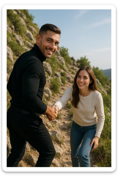 a man and woman climb a mountain trail together, the man leading but frequently looking back to ensure the woman is comfortable and supported. The woman follows with determination and a smile, symbolizing trust, encouragement, and the value of supportive leadership within a relationship. sticker