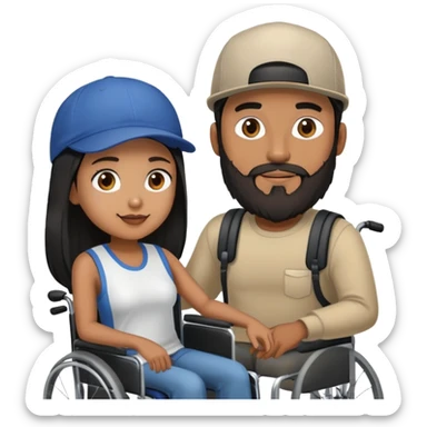 Tan skinned man with a beard and fitted cap in a wheelchair and a brown skinned woman with long black hair in a wheelchair sticker