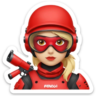 blond girl playing paintball with red paintball face gear sticker
