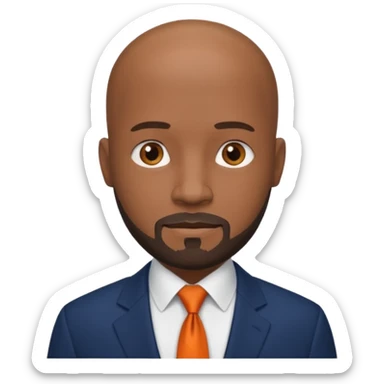 headshot of a sophisticated, stylish, bald head Caribbean black man with a beard and goatee in a navy blue suite, white shirt and dark orange tie sticker