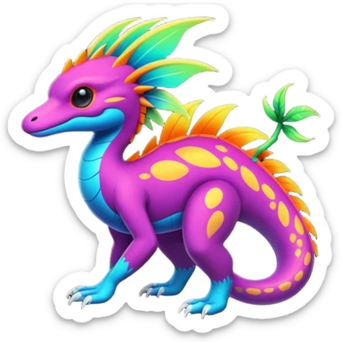 Exotic futuristic lush warm-colored neon tropical Fakémon-Fionbri-creature with cool-colored splash markings  sticker