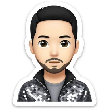 Mike Shinoda with jet black hair, gray sequin outfit sticker