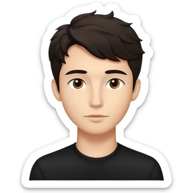Minimalist emoji of a slender young man doing pilates, smooth rounded face, high cheekbones, almond eyes with dark brows, small button nose, soft lips, defined jawline, tousled dark wavy medium hair, boyish beauty, cute and expressive, flat colors, simple shading. Black accent outfit. sticker