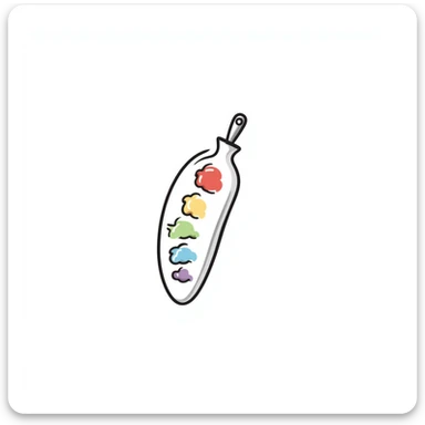 Detailed artist's paint palette with thumb hole and paint colors in specific pastel colors (dd9fb0, ffc6d3, a3bfc9, c4bee2, f1b091). Hand-drawn doodle style with intricate details. The palette should have paint blobs of each color clearly visible. sticker