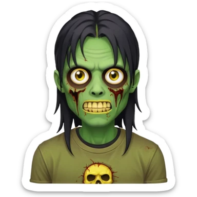 I want you to give me a zombie man and his skin its green who has golden teeth, yellow eyes, eyebrows and black hair, the hair I want to be a long modcut cut and is wearing a brown affliction T-shirt and thin circular lenses sticker