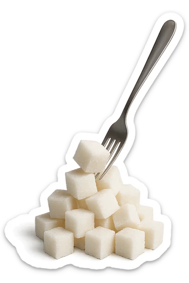monagna di zollette di zucchero con una forchetta appizzata sopra, iperrealistico 4k sticker
