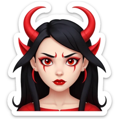 Head only demon girl, strong pronounced cheekbones, sharp angular jawline, skin fully pure red everywhere, long straight sleek black hair, small ho sticker