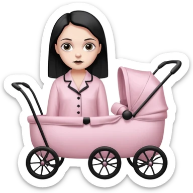 Full model stunning Wednesday Addams dark smoky eyeshadow in a unbuttoned Light pink silk pyjamas set and baby carriage  sticker