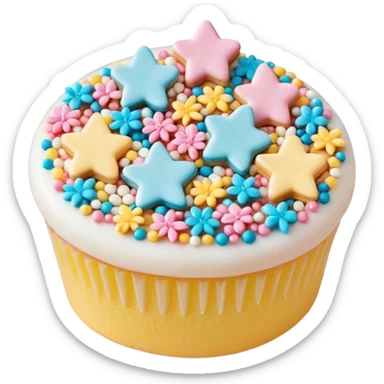 small scatter of colorful sprinkles, sugar pearls, and tiny fondant shapes (stars, hearts, flowers), glossy pastel and bright tones, textures vary smooth crunchy or soft, delicately detailed shapes, soft lighting, subtle shadows, transparent background, emoji scale sticker