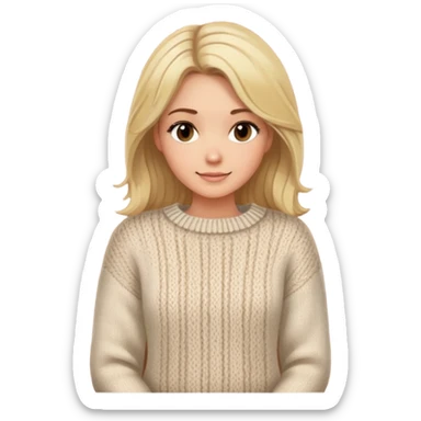 A half-body image of a woman with medium-length blonde hair, wearing a cozy knitted sweater. She has a warm and friendly expression, with a rustic wooden background and soft sunlight sticker