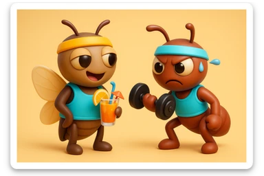 EMOJI STILE IPHONE 3D DI UNA CICALA E UNA FORMICA IN ABITI FITNESS, LA CICALA HA IN MANO UN COCKTAIL MENTRE LA FORMICA HA IN MANO UN MANUBRIO DA PALESTRA. L'IMMAGINE RAPPRESENTA IL FATTO CHE LA FORMICA VOGLIA IMPEGNARSI REALMENTE PER CAMBIARE IL SUO FISICO MENTRE LA CICALA SI VUOLE DIVERTIRE E NON CONCLUDE NULLA ALLA FINE sticker