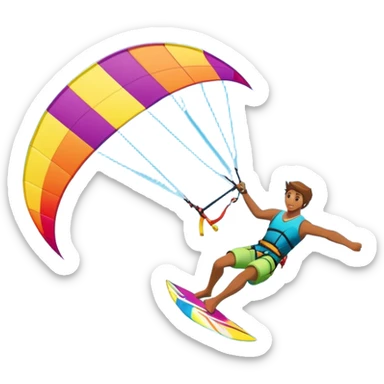 A kitesurfer soaring through the sky, harnessing the wind on a bright, colorful kite. The scene shows the surfer gliding over the water with the kite above, emphasizing the freedom, speed, and thrill of the sport in a dynamic coastal setting. sticker