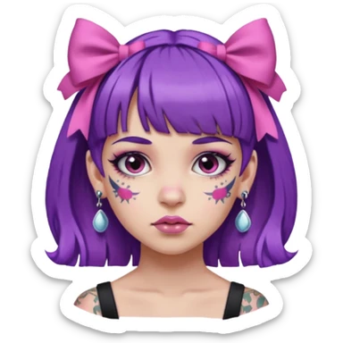 girl with bangs and purple hair and pink hairbow on the side of head and earrings and heavy face tattoos sticker