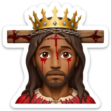 African American Jesus Christ bleeding on wooden cross with crown of thorns on his head sticker