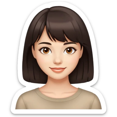 Attractive young woman with dark brown bangs and subtle makeup, confident smile sticker