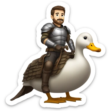 Confident armored White Man with dark brown hair and a short beard riding on the back of a giant armored duck sticker
