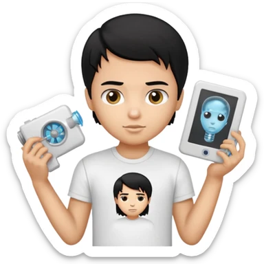 generate a pretty bratz emoji of a boy with black hair wearing a white tshirt and holding a cT sticker