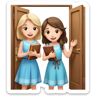 Two girls knocking on a door with a book on their hand happy and nice flowy dresses sticker