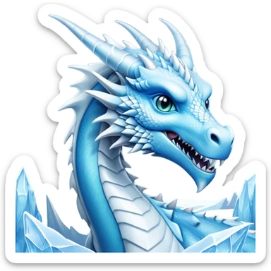 Cinematic Noble elegant Ice Dragon Portrait Emoji, Poised and imposing, distinct long elegant snout, with a slender, scaled body shimmering in glacial hues of icy blue, frostbitten silver, and crystalline white, breathing out frost, with piercing, glowing ice blue white eyes that radiate the chilling depths of an arctic storm; rendered in detail. sticker